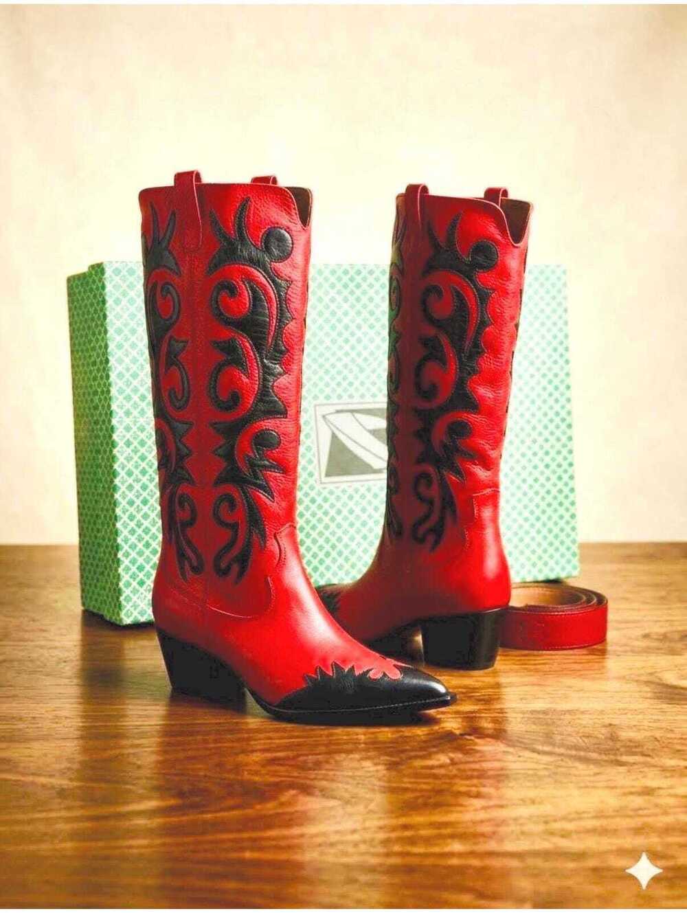 RARE Vintage Y2K Deadstock NIB Red Black Leather Cowboy Boots 7.5W